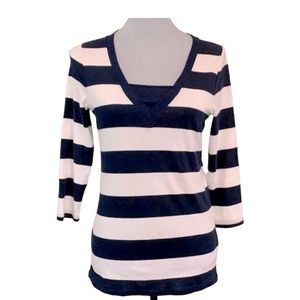 Ralph Lauren navy blue and white striped 3/4 sleeve v-neck t shirt